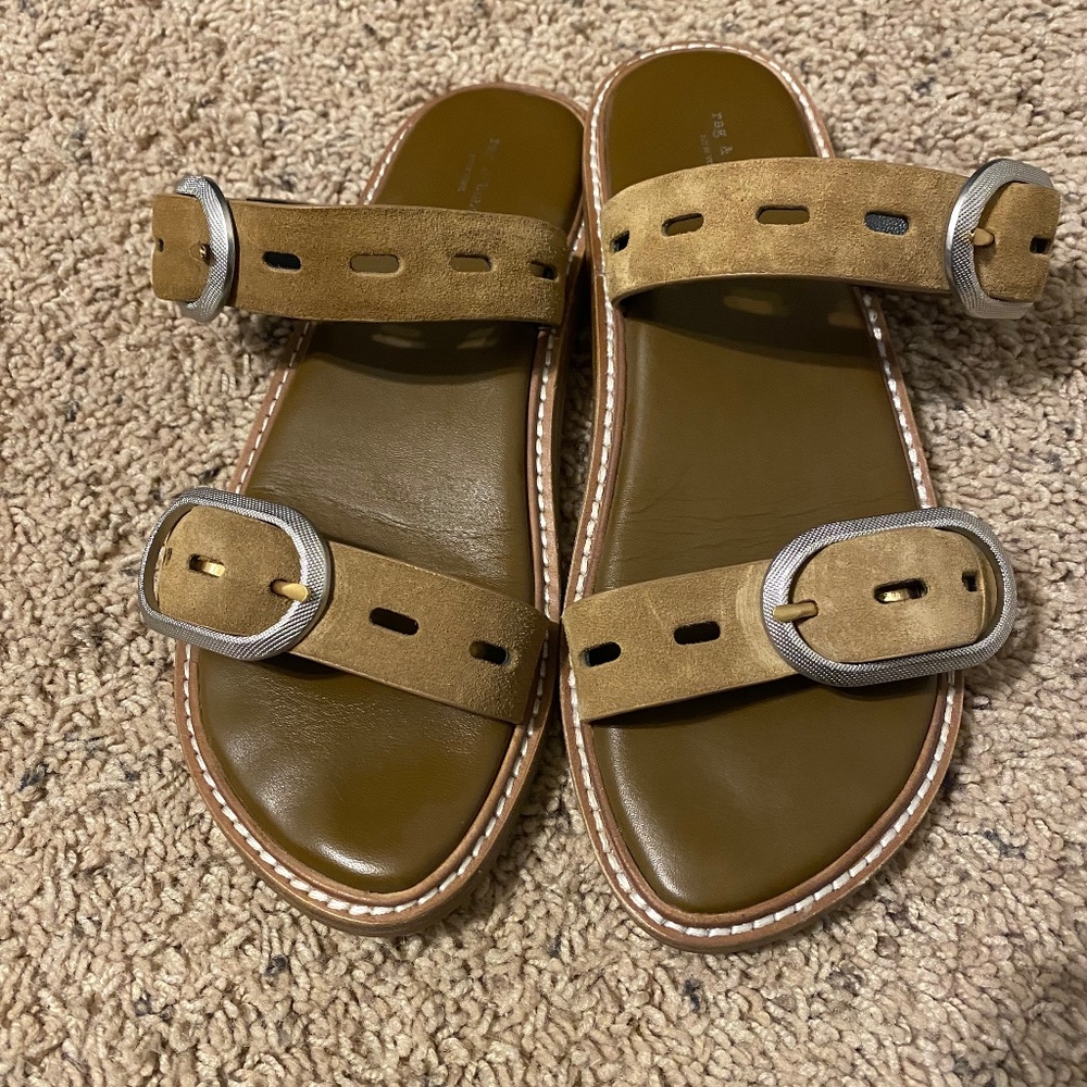 Rag & Bone Ansley Golden Brown Suede Slide Flat Sandals w buckles Womens Size 38